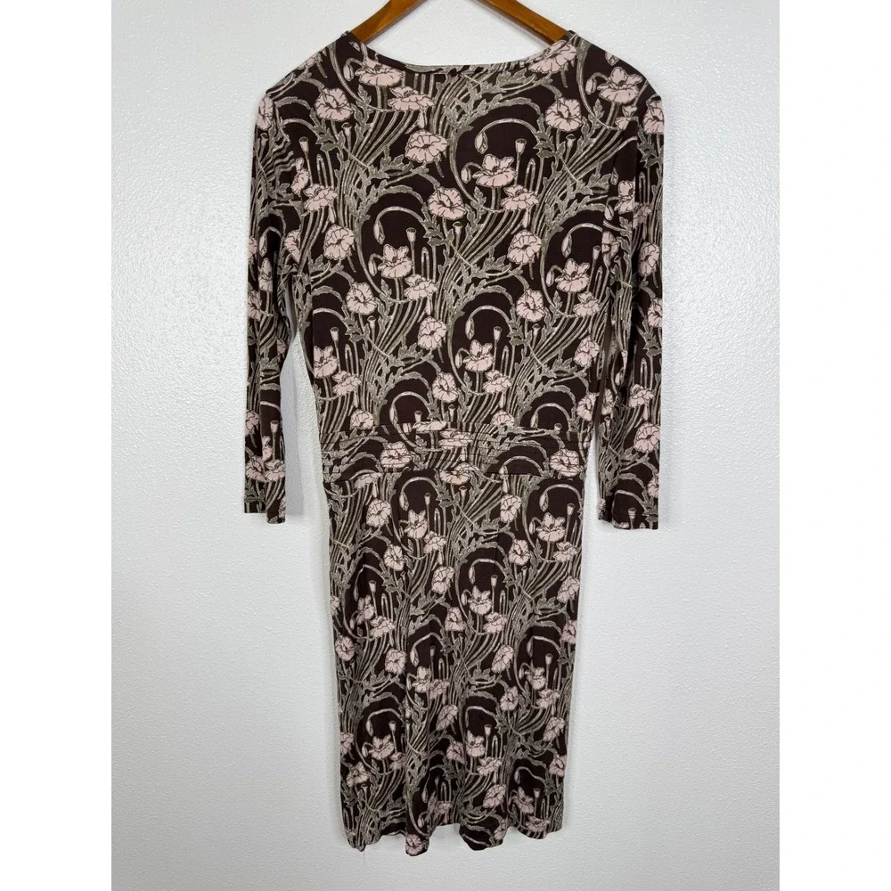 Tory Burch Dagny Silk Dress Brown Pink Floral Art Nouveau Jersey 3/4 Sleeve S